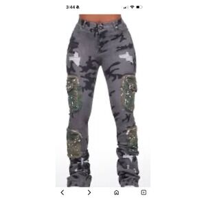 Rockstar Original Alisson Grey Camo Stacked Cargo Jeans Distressed Streetwear XL